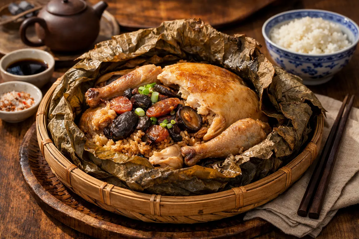 Chinese Beggars Chicken roasted whole and unwrapped from lotus leaves
