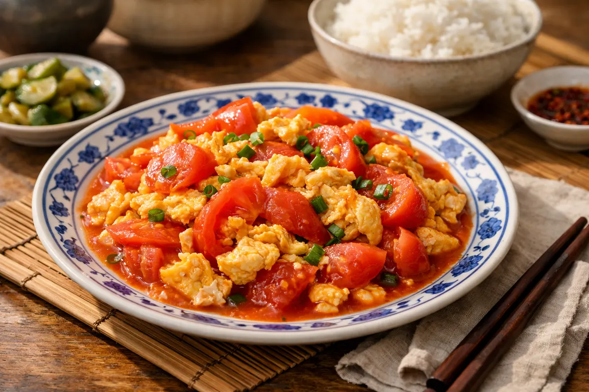 Chinese tomato and egg stir-fry with fluffy golden eggs, red tomatoes and scallions
