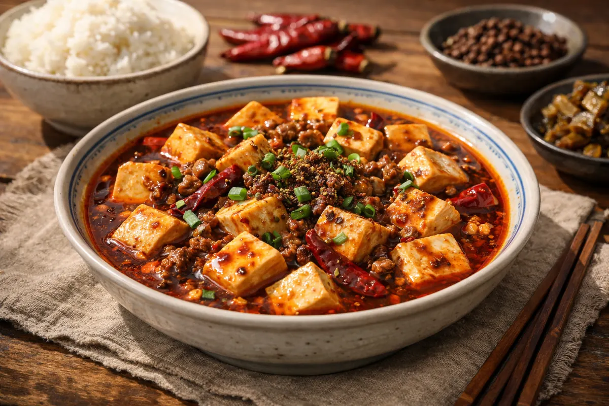 Sichuan Mapo Tofu in spicy red chili bean sauce