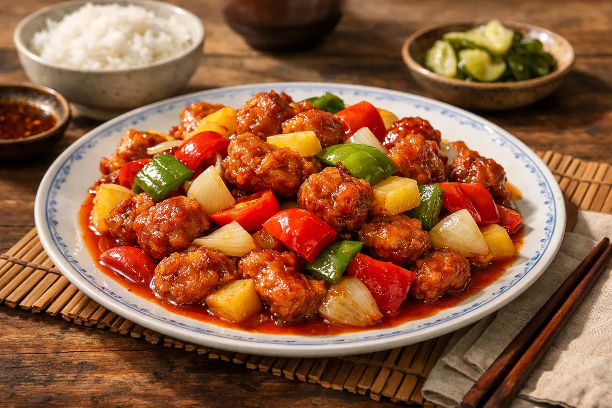 Chinese sweet and sour pork with peppers and glossy red sauce