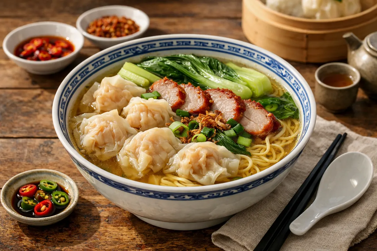 Chinese Cantonese wonton noodle soup with pork shrimp wontons and bok choy