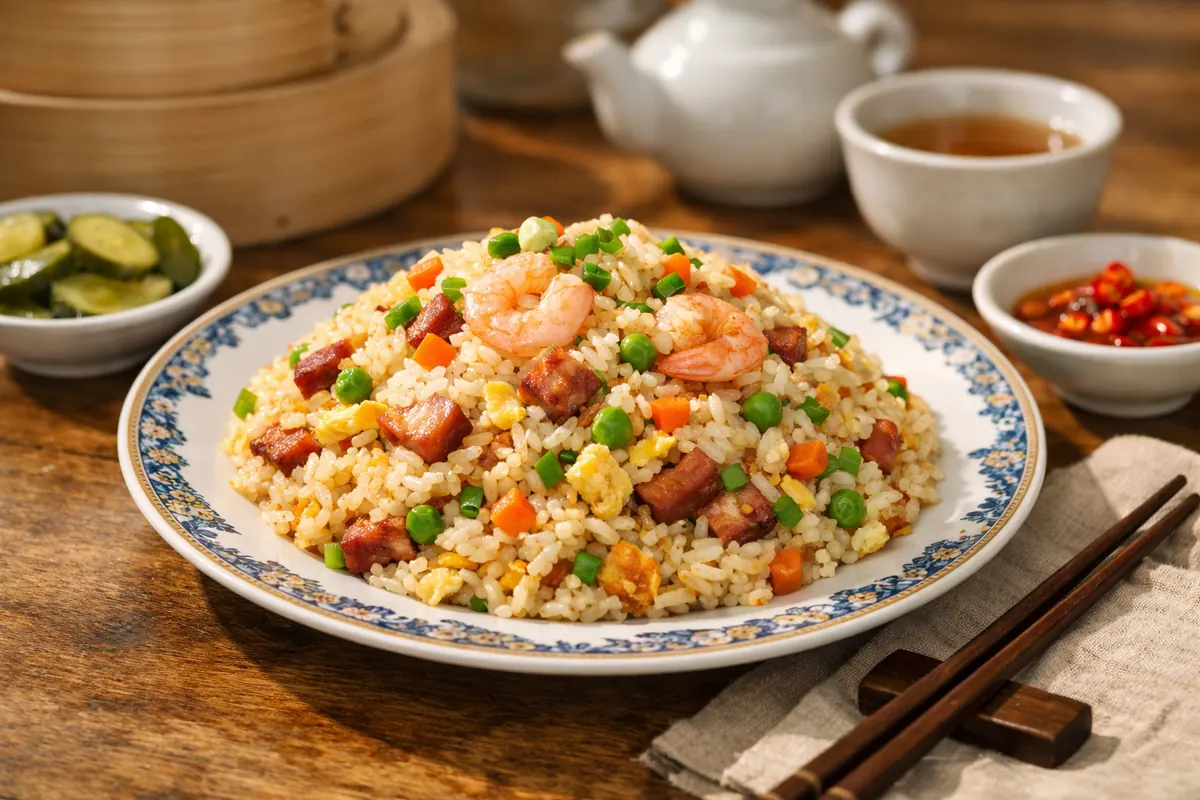 Yangzhou fried rice with shrimp char siu eggs peas and carrots