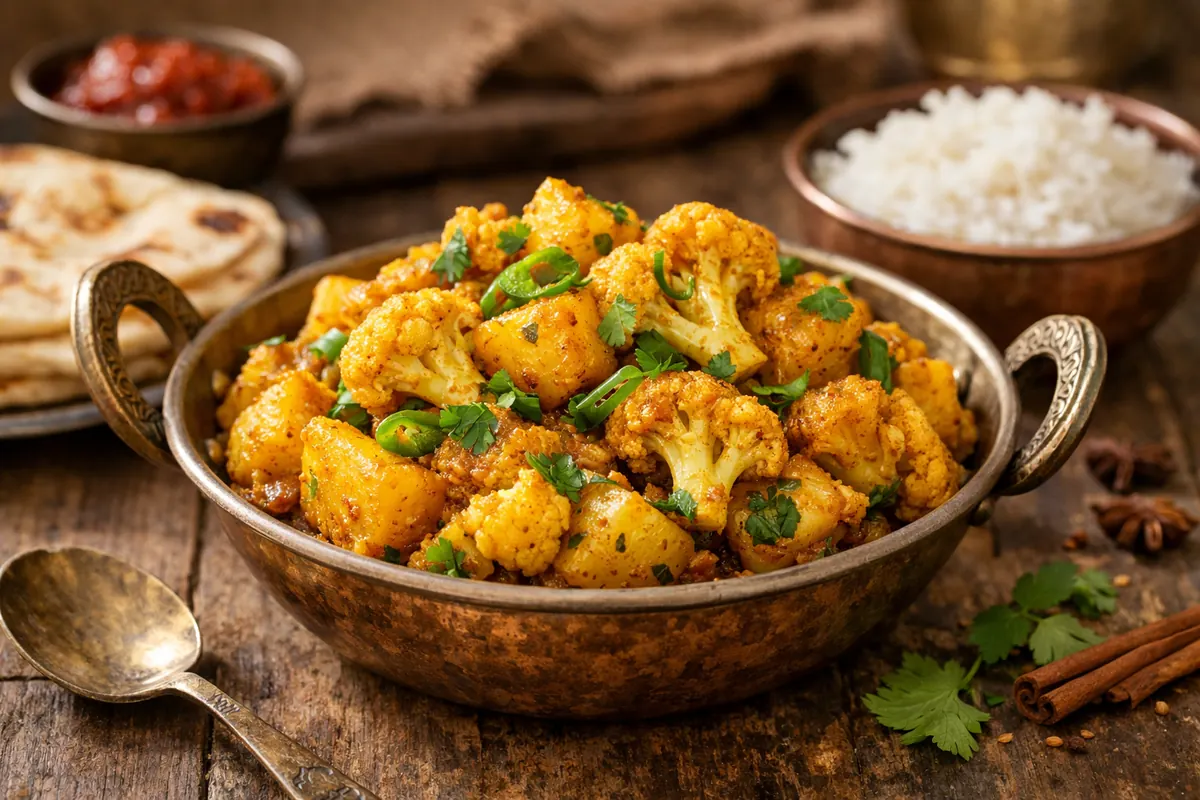 Indian aloo gobi with golden cauliflower florets, spiced potatoes and fresh cilantro