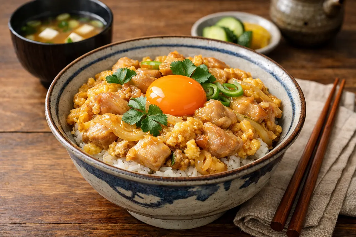 Japanese oyakodon rice bowl with chicken, onions, egg and mitsuba