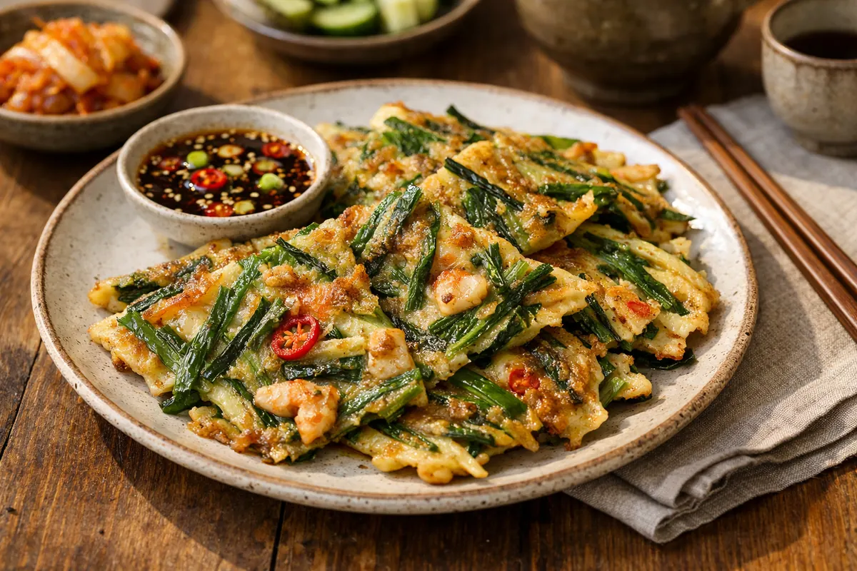 Crispy Korean scallion pajeon cut into wedges beside soy dipping sauce