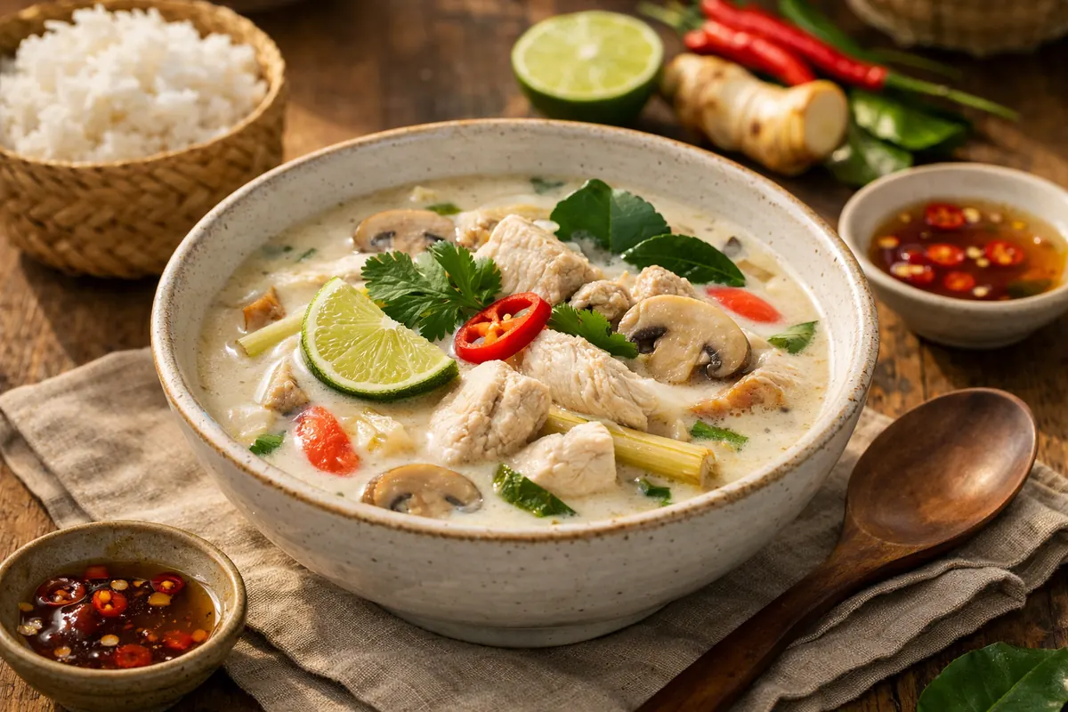 Thai tom kha gai coconut chicken soup with galangal, lemongrass, mushrooms and cilantro