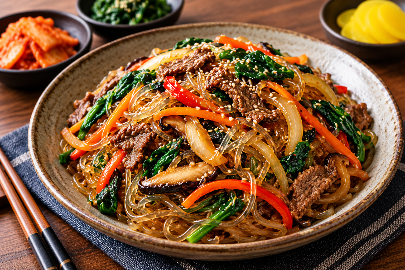 Japchae Korean glass noodles with vegetables and beef