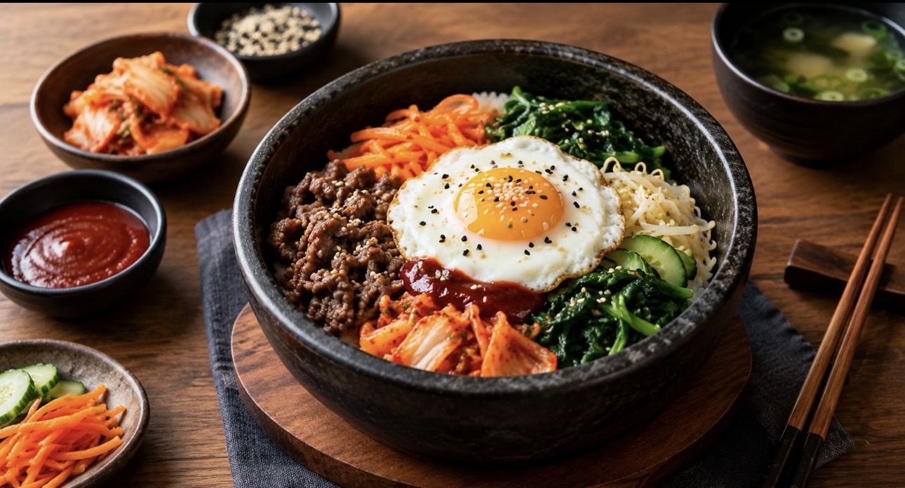 Korean Bibimbap rice bowl with beef, vegetables, egg and gochujang