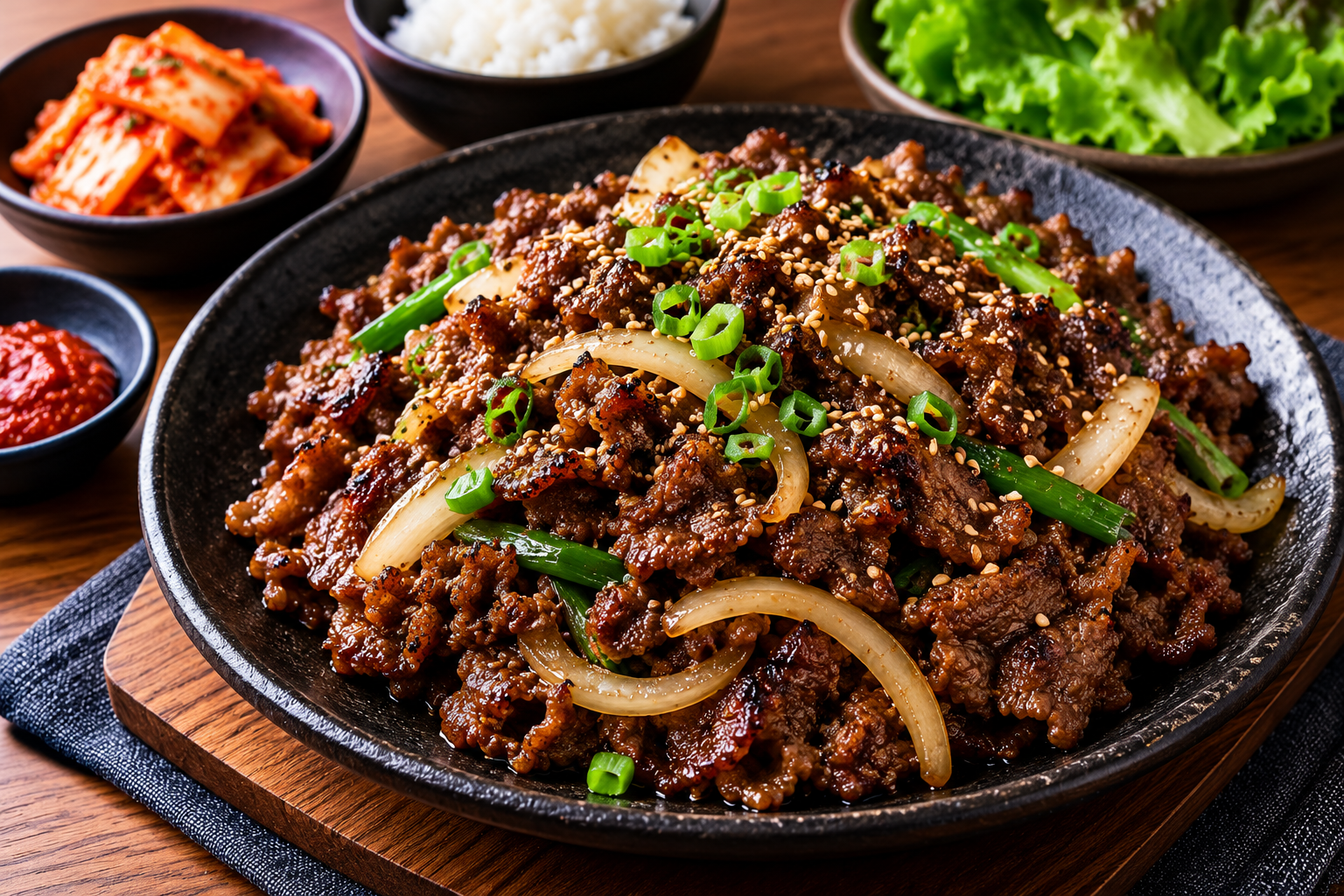 Bulgogi Korean marinated beef with sesame seeds and scallions