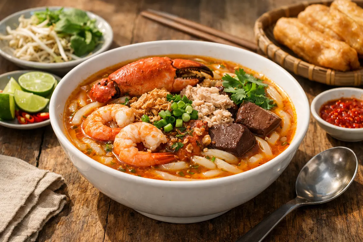 Bánh canh cua with crab, shrimp, thick noodles, and scallions