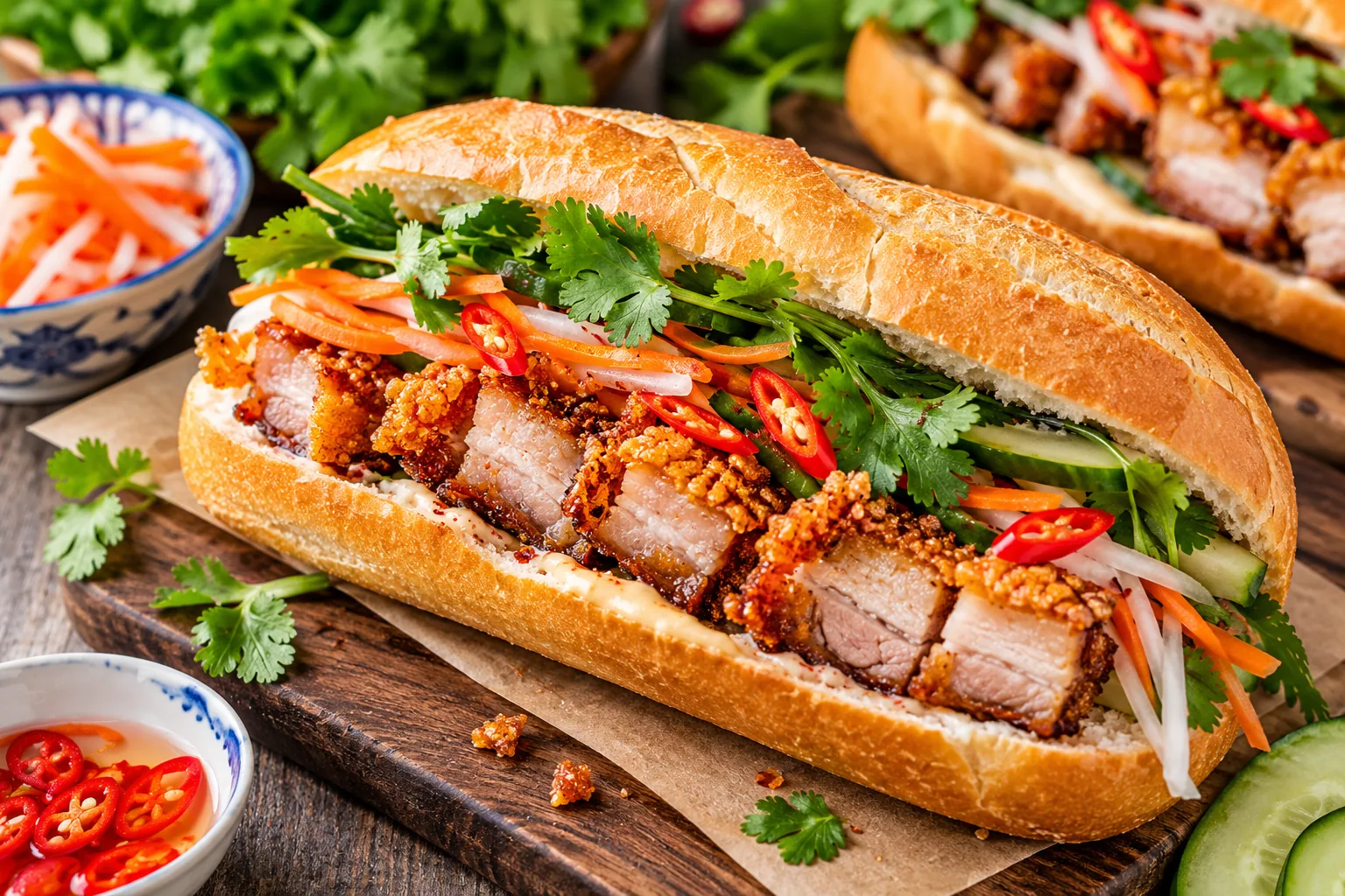 Crispy pork belly bánh mì sandwich