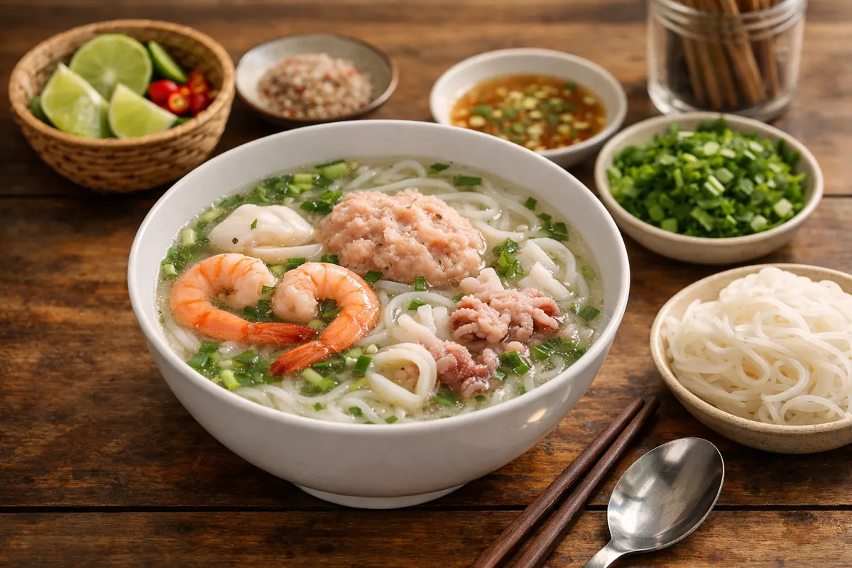 Bun quay Phu Quoc shrimp and fish seafood noodle soup