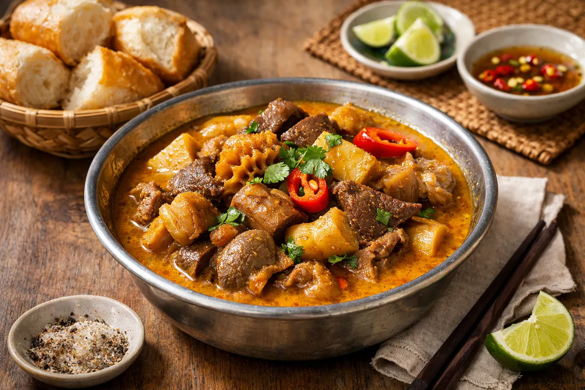Vietnamese pha lau beef offal coconut stew with tripe and baguette
